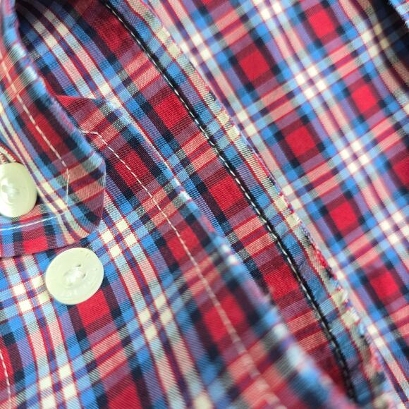 L.L. Bean Button Front Shirt Men's Large Red Blue Plaid Casual Preppy Patriotic - Picture 5 of 11